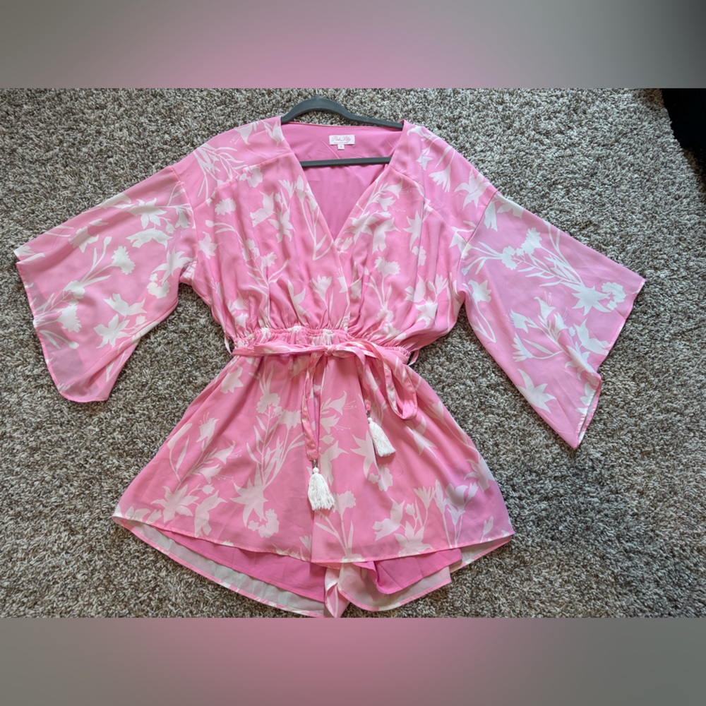 Pink Lily Pink Floral Tie-Waist Romper with Tassels